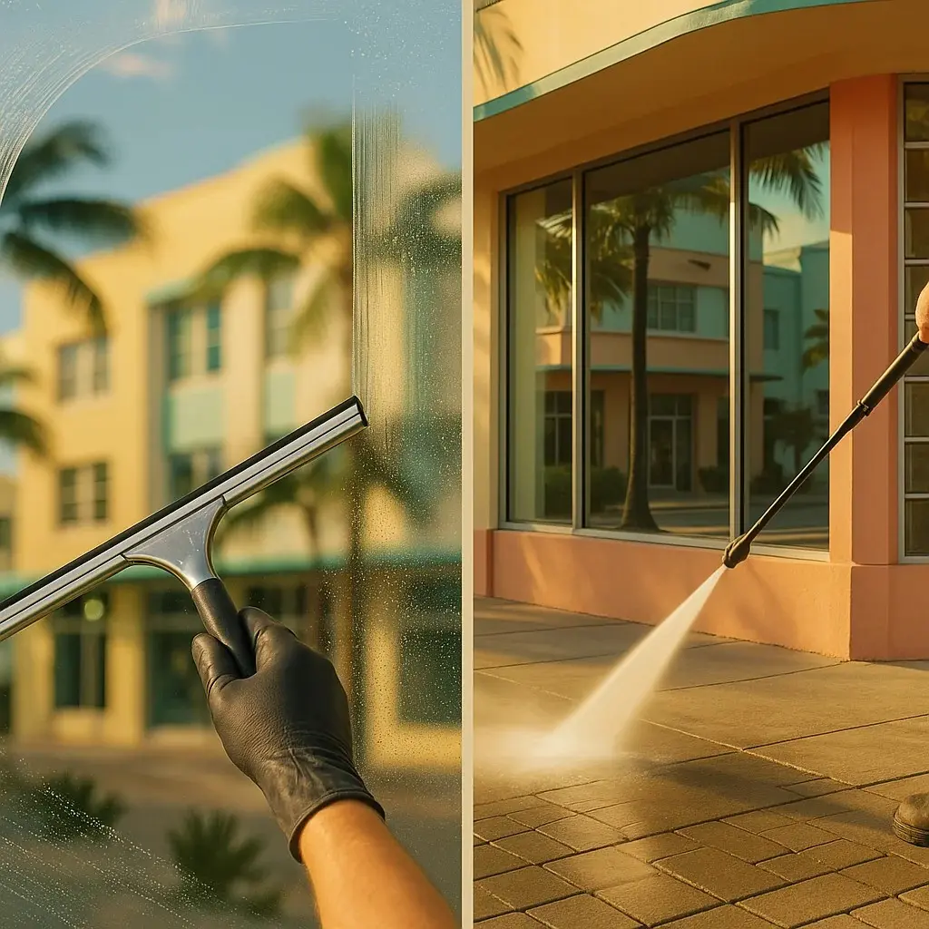 Storefront Window Cleaner Window Cleaning vs Pressure Washing Miami Storefronts